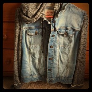 Denim/ cloth jacket with hood.